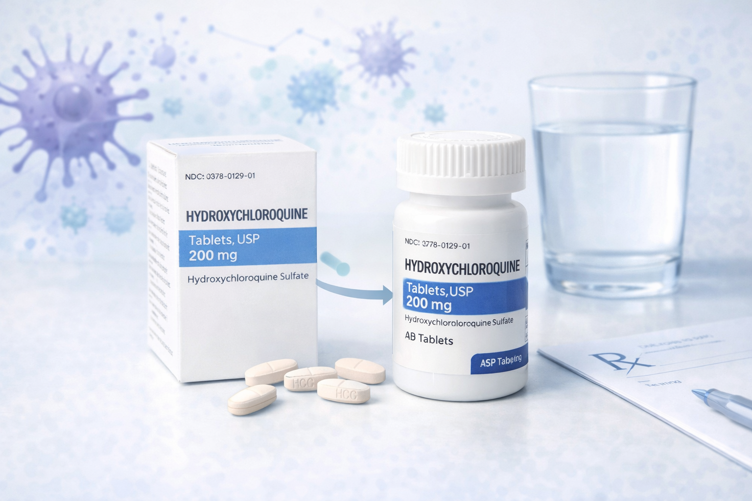 Hydroxychloroquine tablets and packaging showing how hydroxychloroquine works in the body.
